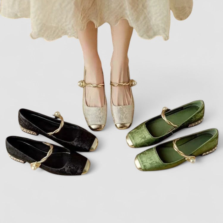 Wren | Women's Mary Jane Flat Green Velvet Gold Buckle