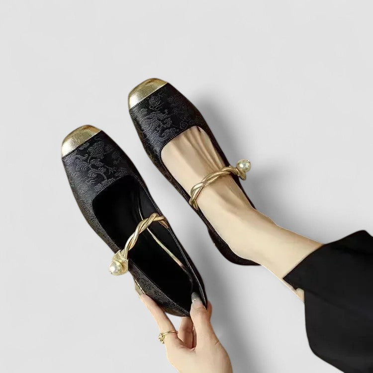 Wren | Women's Mary Jane Flat Green Velvet Gold Buckle