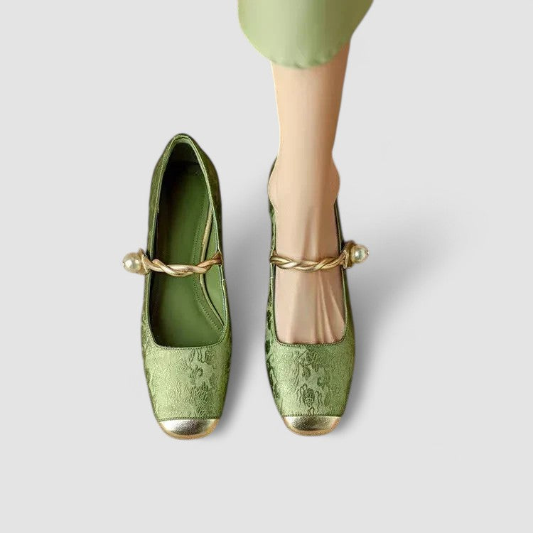 Wren | Women's Mary Jane Flat Green Velvet Gold Buckle