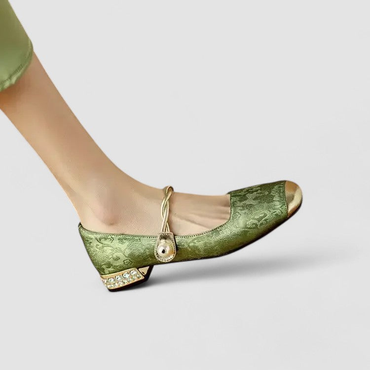 Vera | Women's Mary Jane Flats Green Velvet Gold Buckle