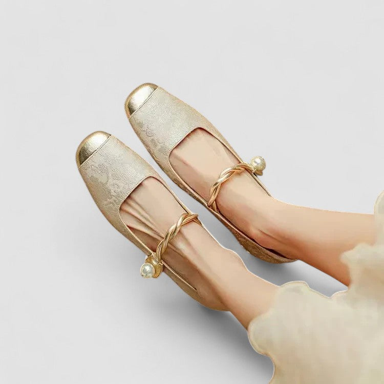 Wren | Women's Mary Jane Flat Green Velvet Gold Buckle