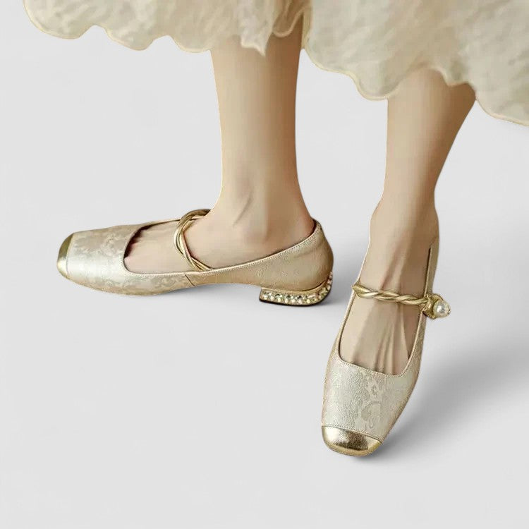 Wren | Women's Mary Jane Flat Green Velvet Gold Buckle