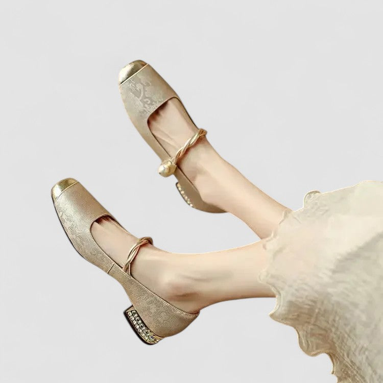 Wren | Women's Mary Jane Flat Green Velvet Gold Buckle