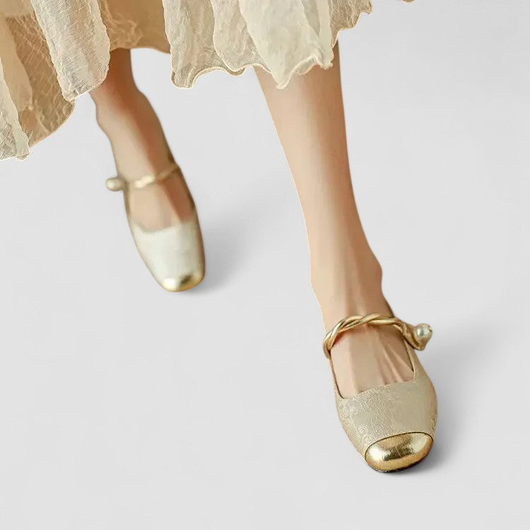 Wren | Women's Mary Jane Flat Green Velvet Gold Buckle