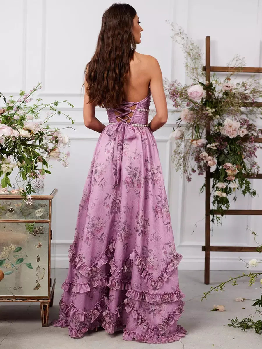 Paloma | Women's Coquette Floral Maxi Dress Pink Ruffle Hem