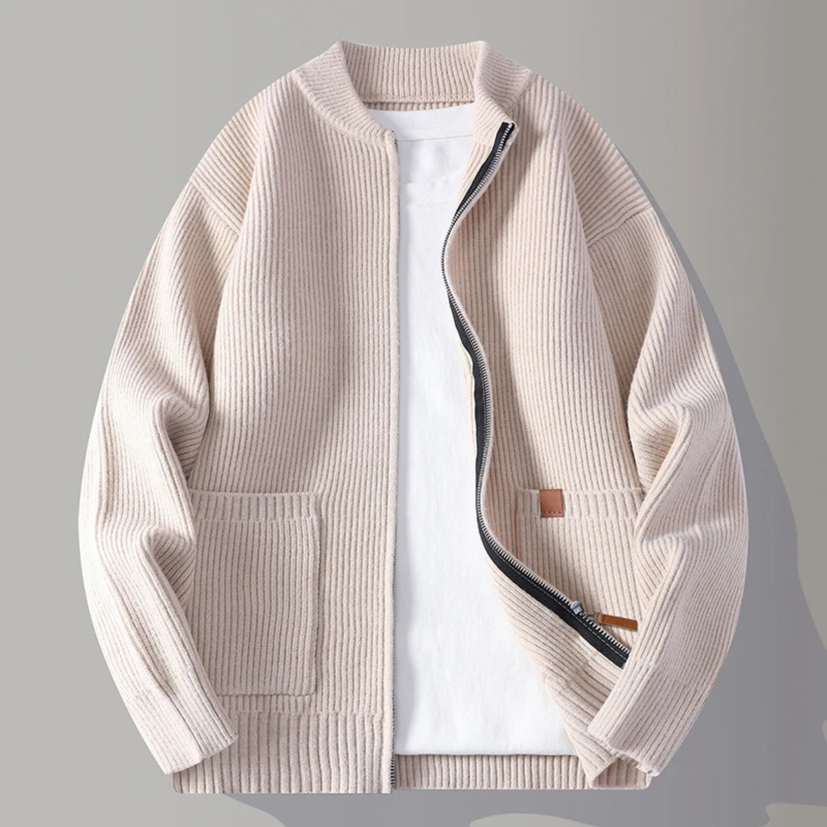 Beau | Men's Casual Ribbed Zip Cardigan Cream