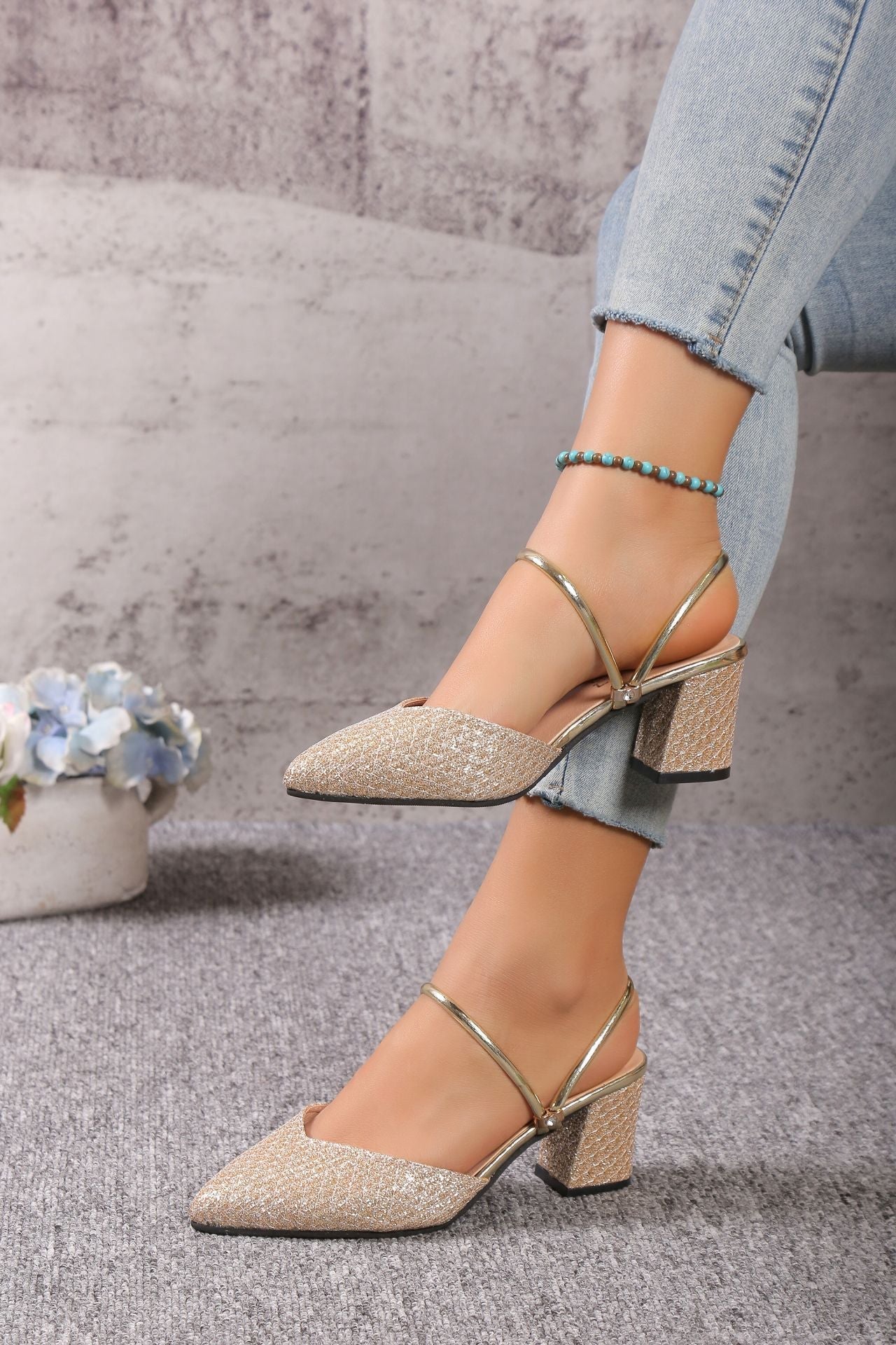 Rosa | Women's Block Heel Sandals Silver Glitter Strappy