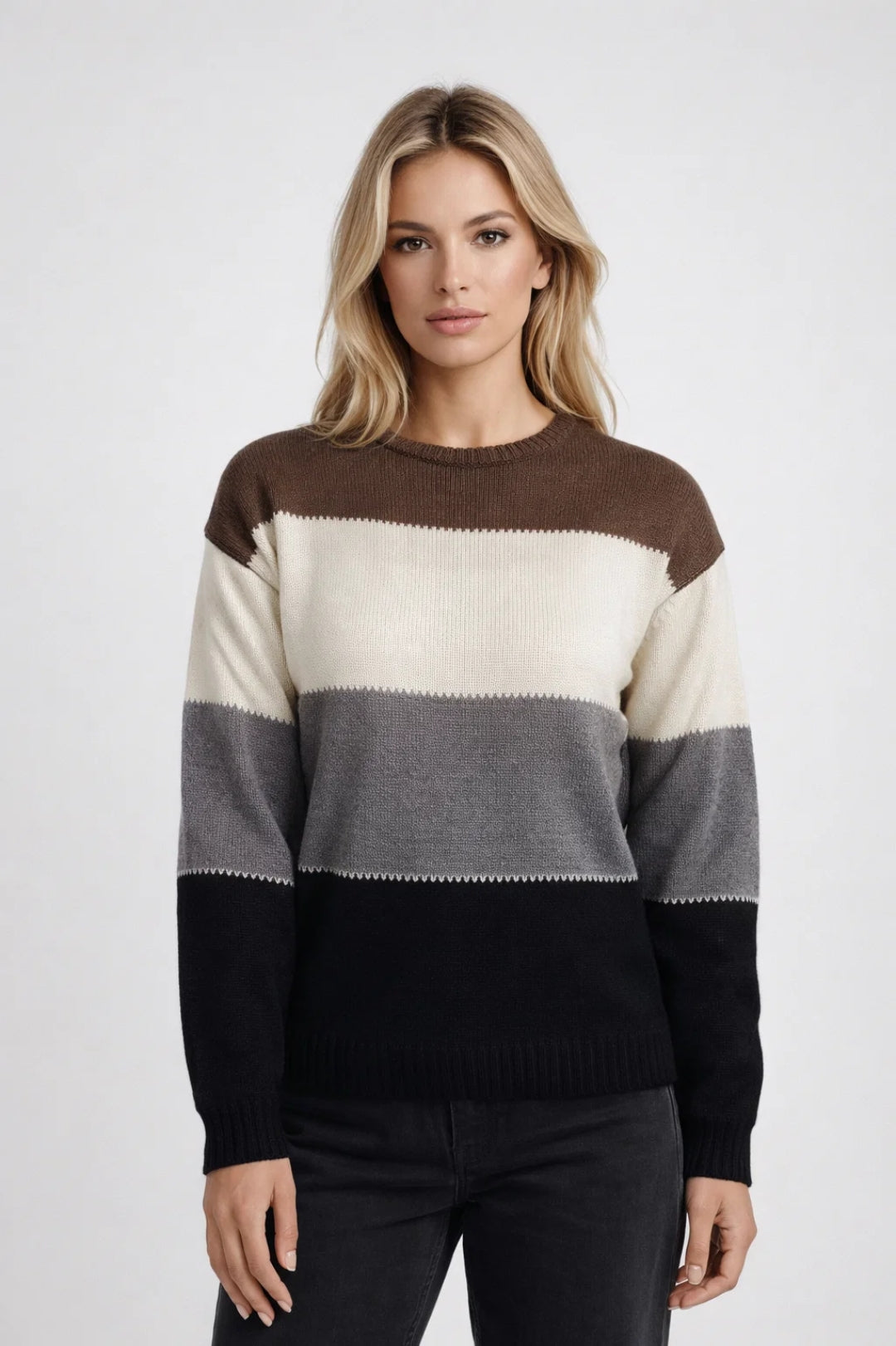 Rosa | Women's Striped Crew Neck Sweater Brown Gray Black