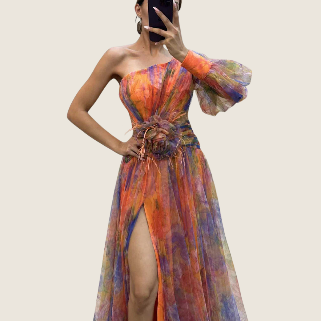 Rosa | Women's One Shoulder Maxi Dress Purple Floral Puff Sleeve