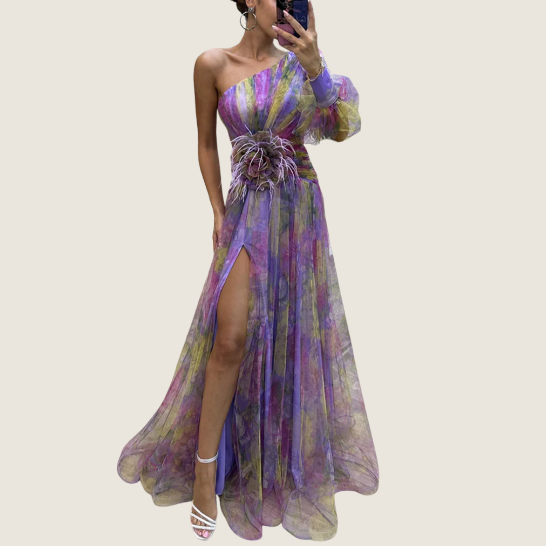 Rosa | Women's One Shoulder Maxi Dress Purple Floral Puff Sleeve