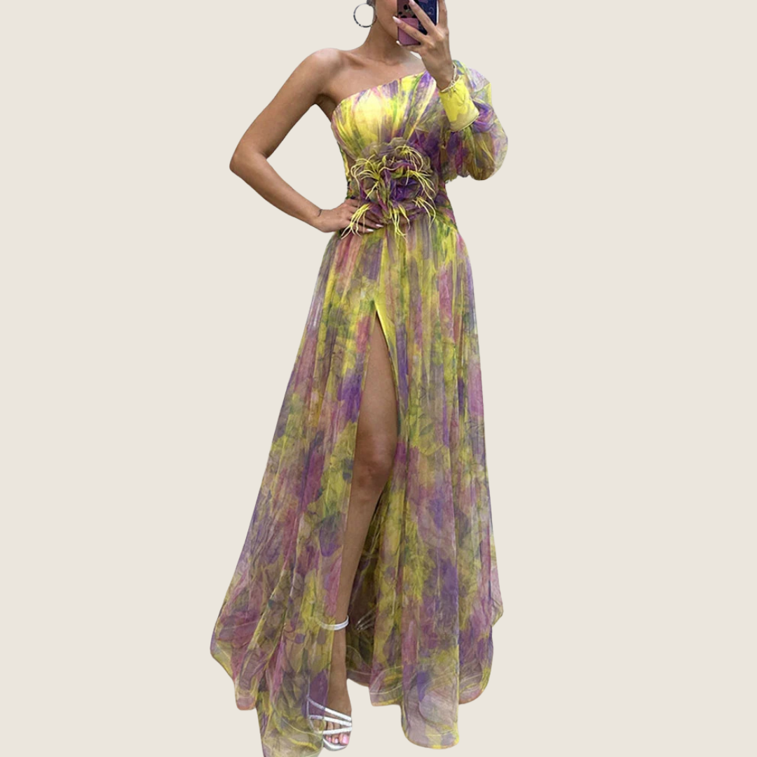 Rosa | Women's One Shoulder Maxi Dress Purple Floral Puff Sleeve
