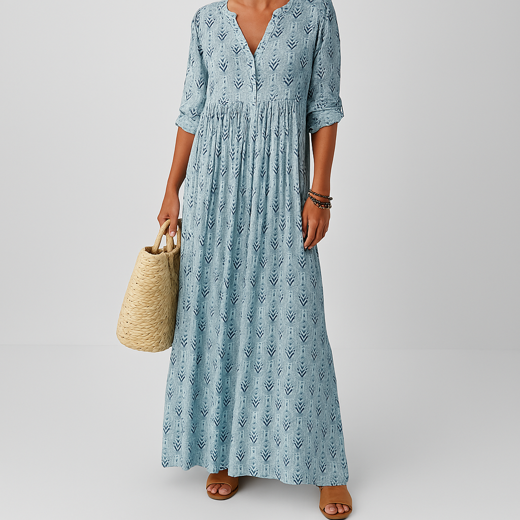 Liv | Women's Boho Maxi Dress Light Blue Leaf Print