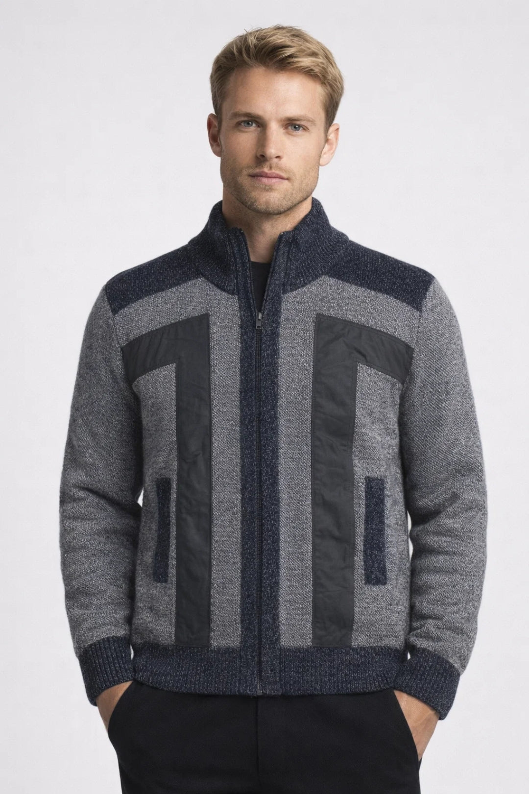 Arlo | Men's Zip Up Cardigan Sweater Gray Navy Color Block