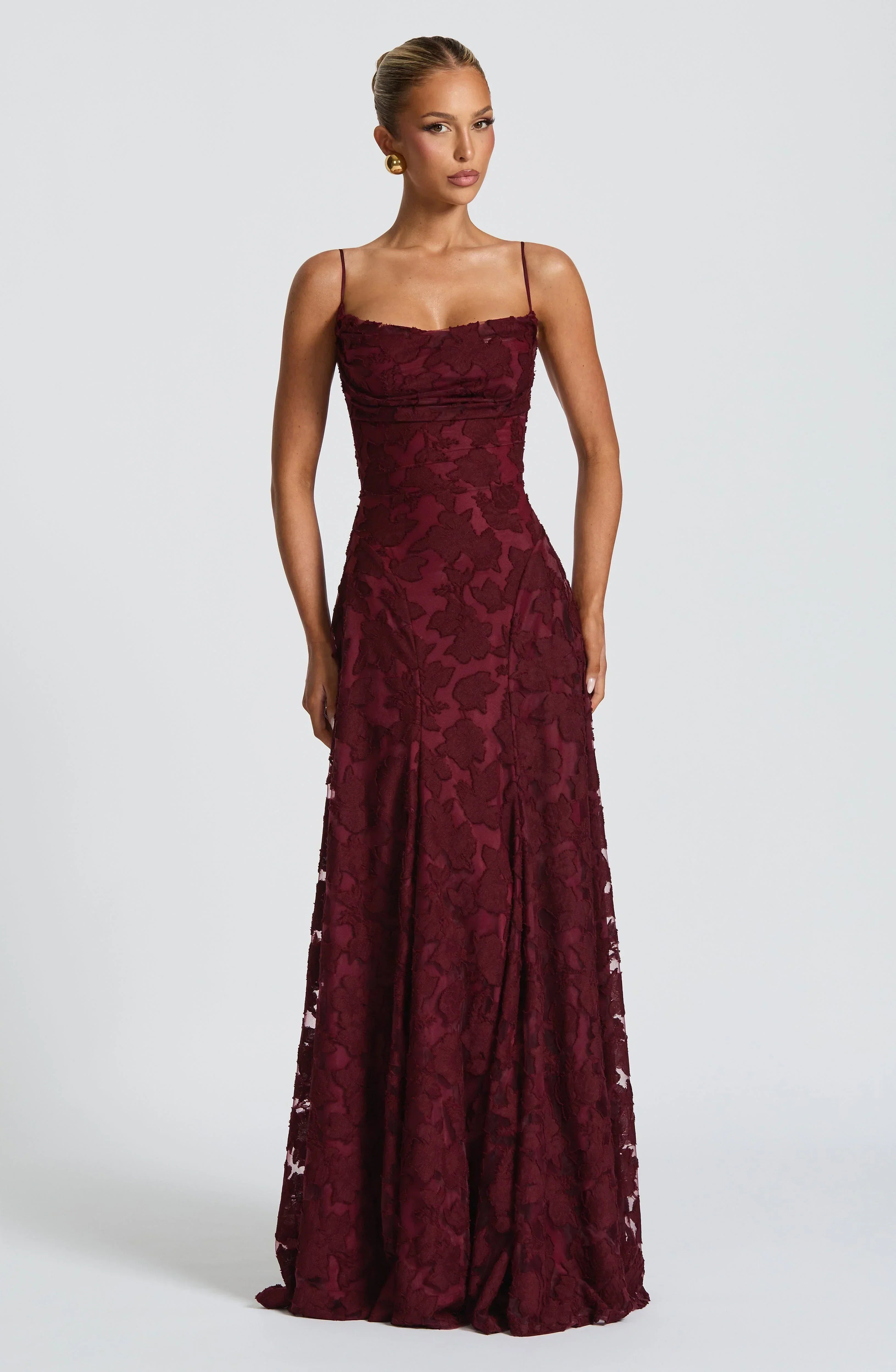 Stella | Women's Lace Maxi Dress Burgundy Spaghetti Strap