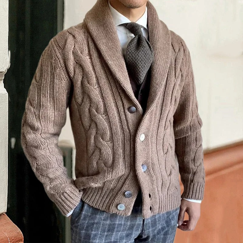 Dama Washington Linus men's shawl collar cable knit sweater - front view