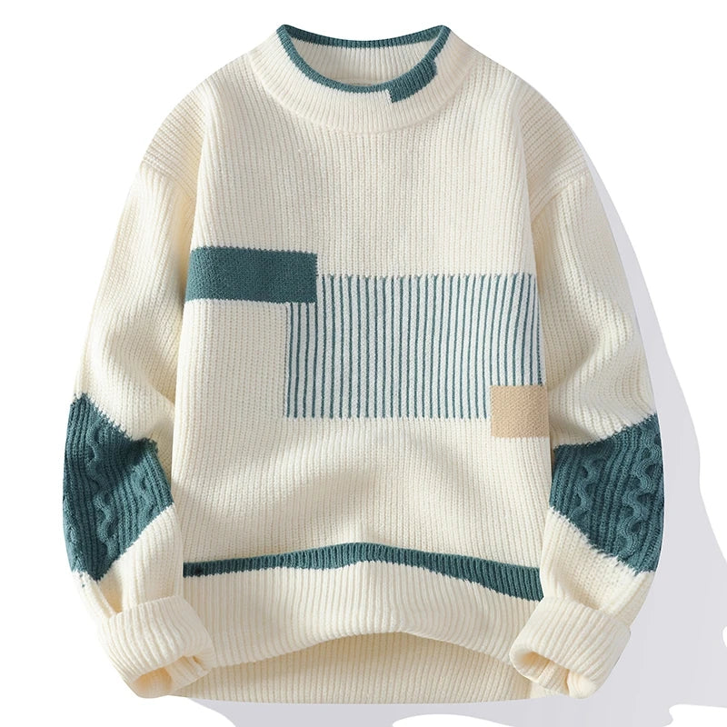 Axel | Men's Crew Neck Sweater Cream Teal Colorblock