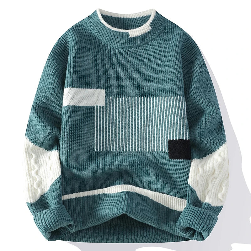 Axel | Men's Crew Neck Sweater Cream Teal Colorblock