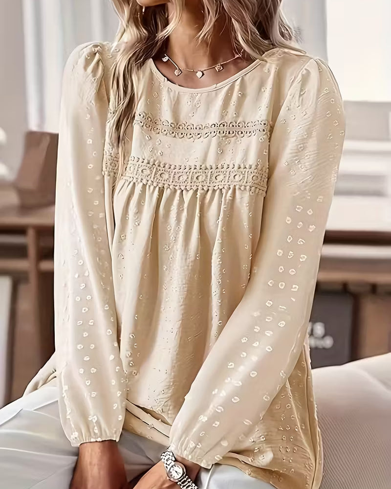 Greta | Women's Lace Blouse Cream Long Sleeve Puff Detail