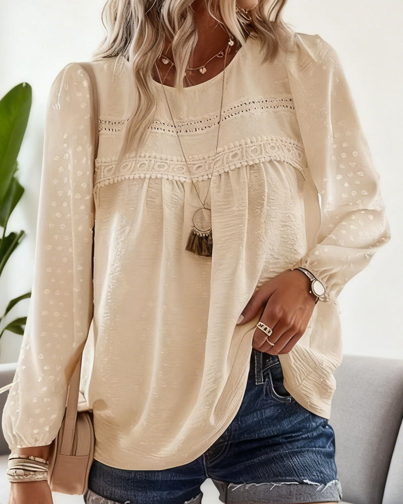 Greta | Women's Lace Blouse Cream Long Sleeve Puff Detail