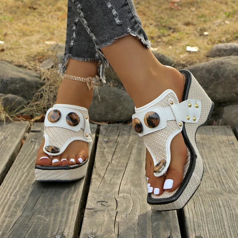 Camille | Women's Platform Wedge Sandals Black Cream Studded