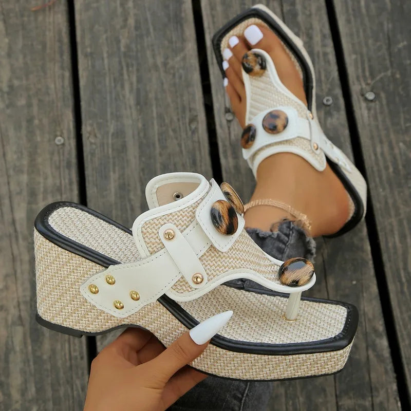 Camille | Women's Platform Wedge Sandals Black Cream Studded