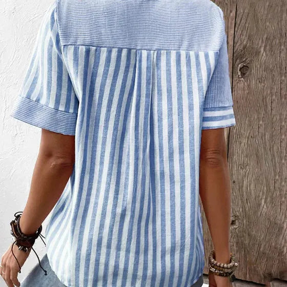 Lola | Women's Striped Button Up Blouse Sage Green Short Sleeve