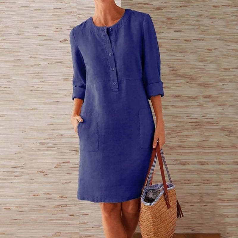 Ada | Women's Linen Shirt Dress Navy Three Quarter Sleeve