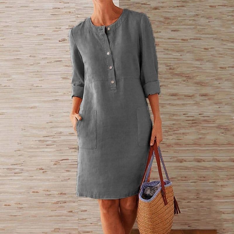 Ada | Women's Linen Shirt Dress Navy Three Quarter Sleeve