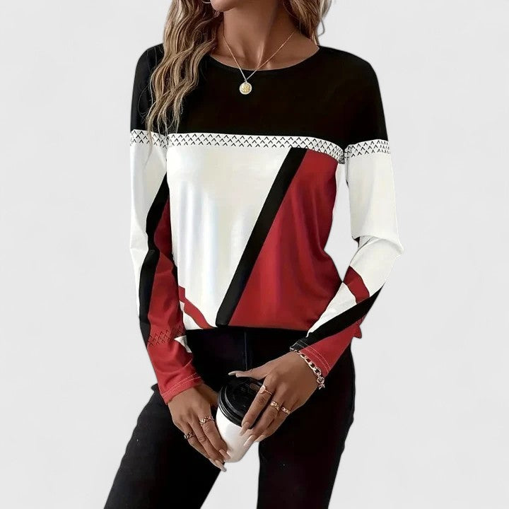Thea | Women's Colorblock Long Sleeve Sweater Black Cream Burgundy