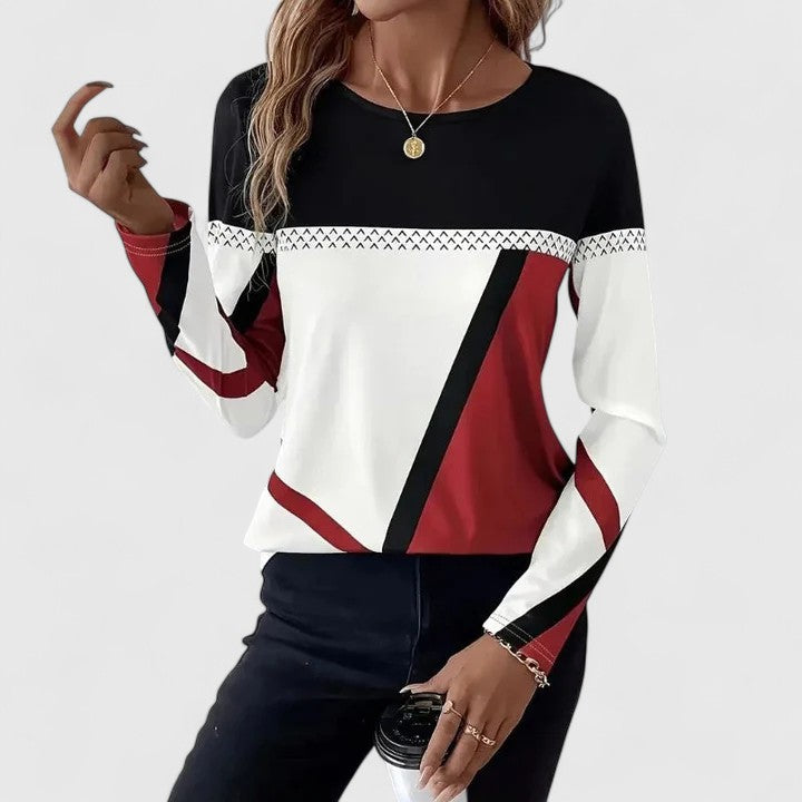 Thea | Women's Colorblock Long Sleeve Sweater Black Cream Burgundy