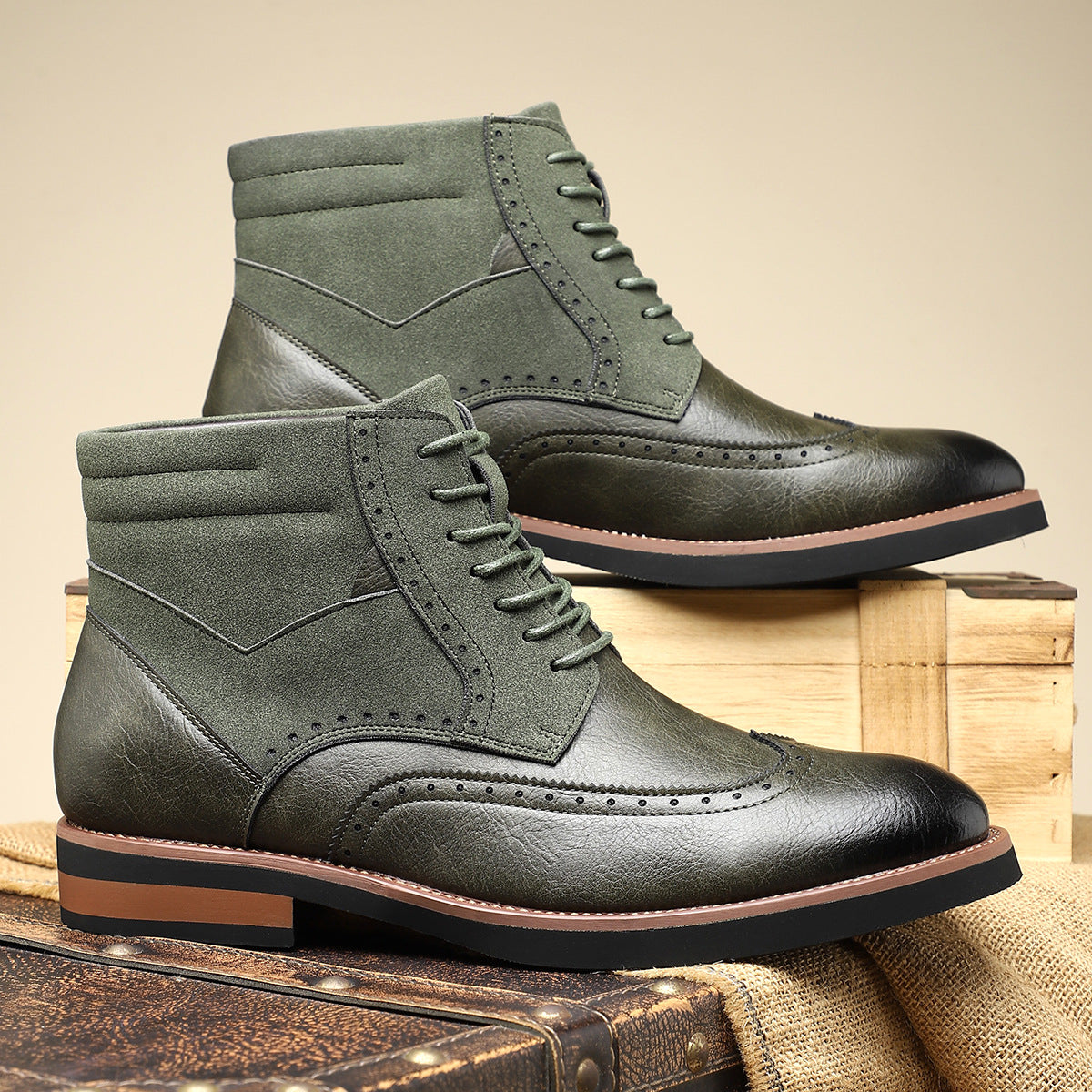 Axel | Men's Wingtip Leather Ankle Boots Olive Lace Up
