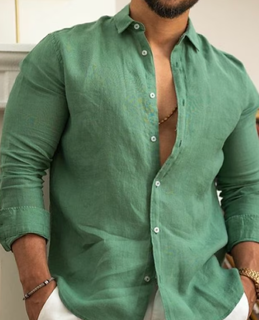 Axel | Men's Linen Button Up Shirt Green Long Sleeve