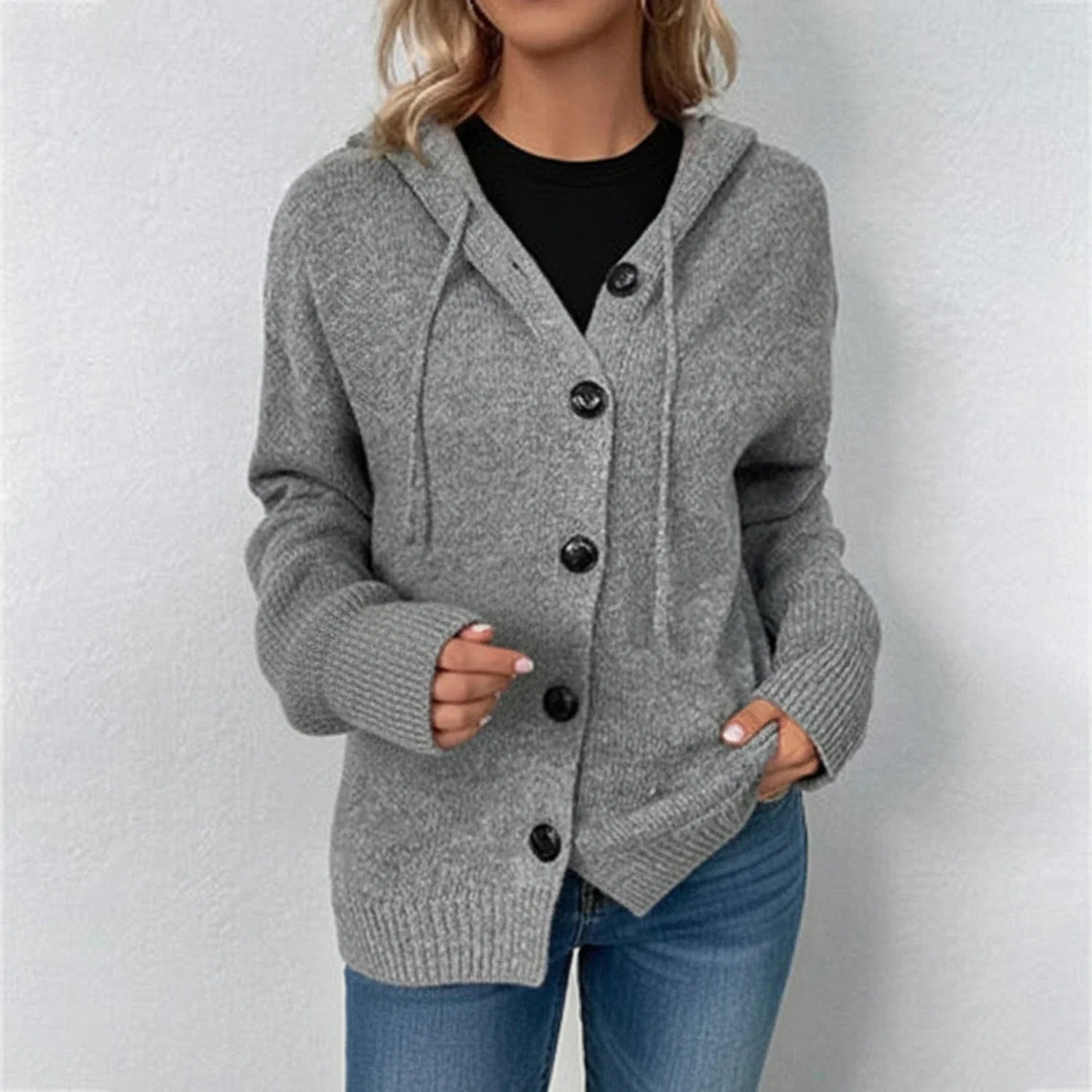 Vita | Women's Hooded Cardigan Sweater Gray Knit Button Up