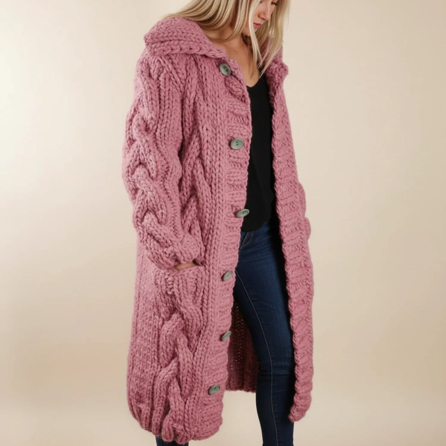 Isla | Women's Cable Knit Cardigan Blue Long Sleeve Hooded
