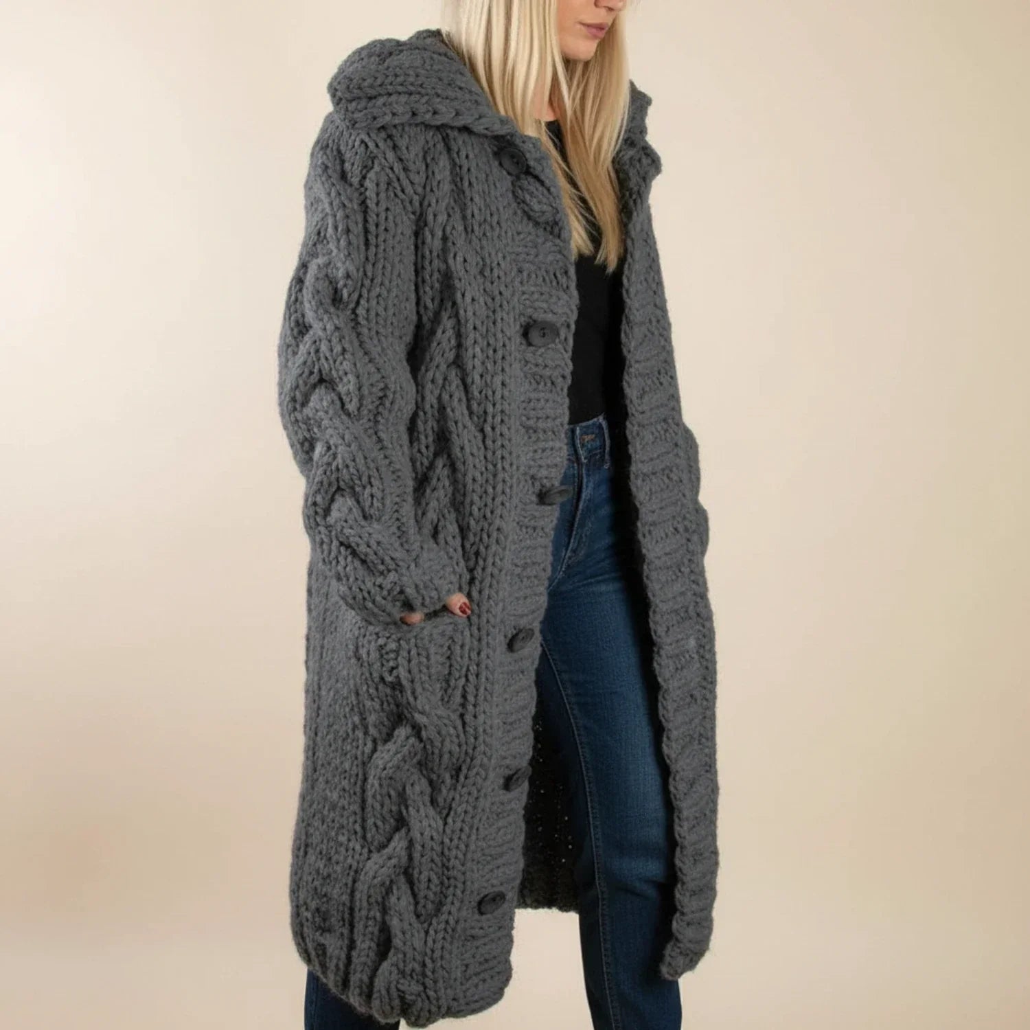 Isla | Women's Cable Knit Cardigan Blue Long Sleeve Hooded