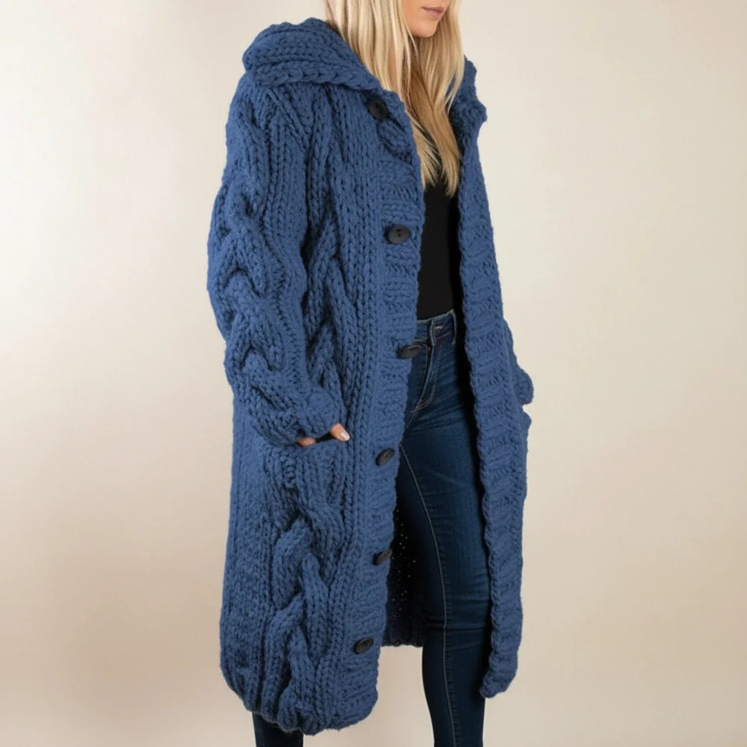 Isla | Women's Cable Knit Cardigan Blue Long Sleeve Hooded