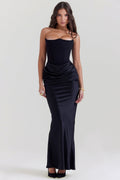 Dama Washington Camille women's strapless satin maxi dress black ruched - front view
