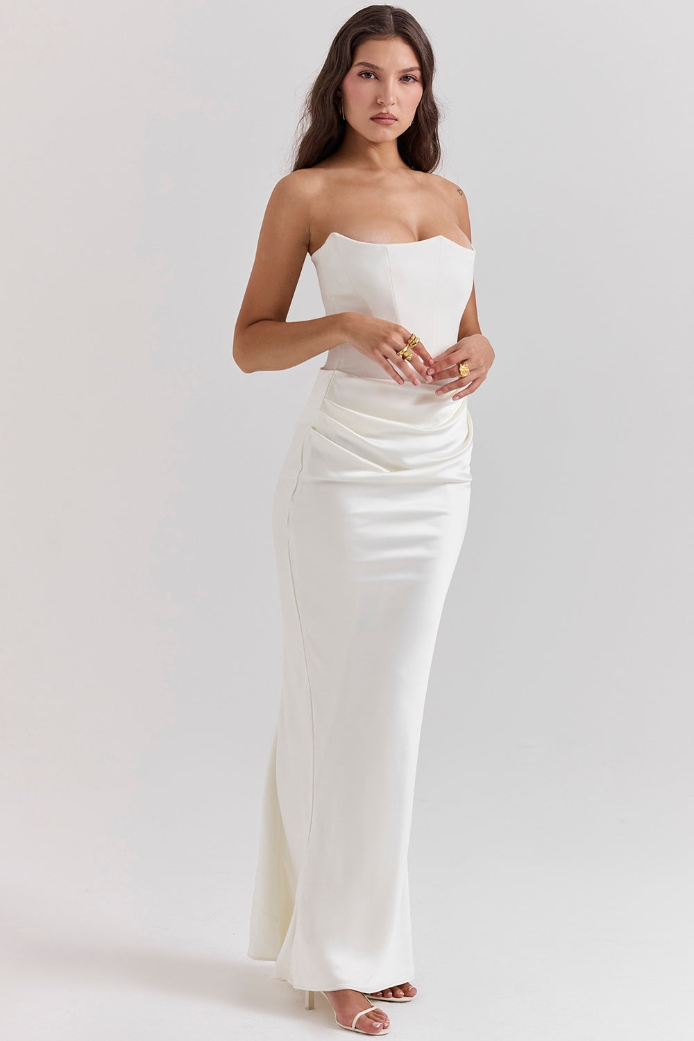 Camille | Women's Strapless Satin Maxi Dress Black Ruched