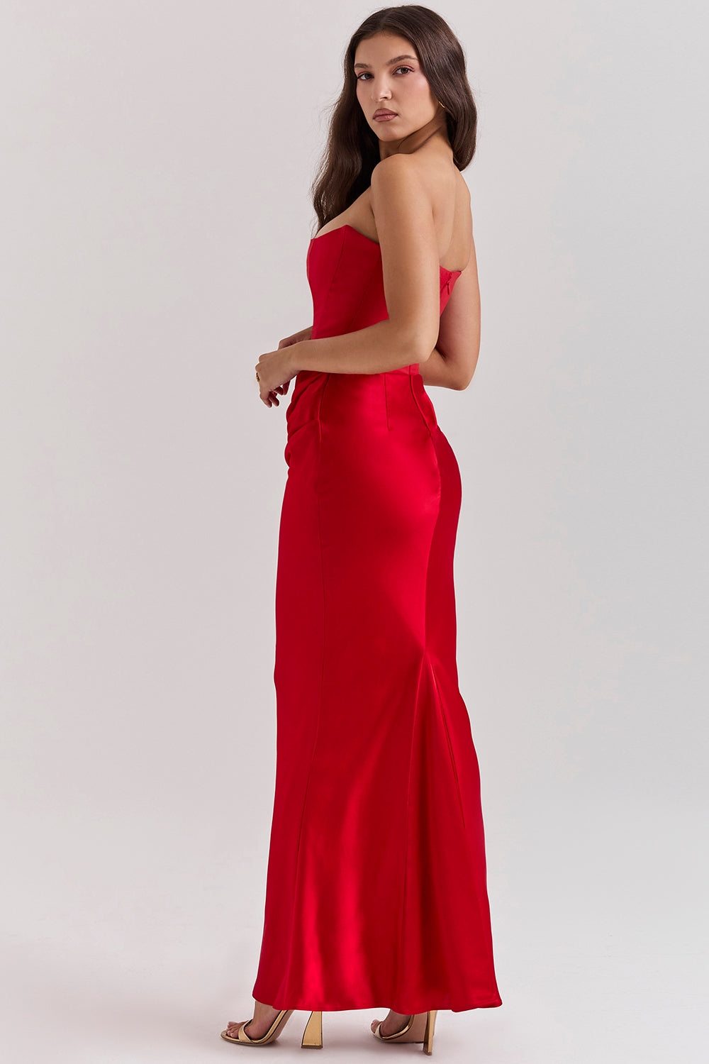 Camille | Women's Strapless Satin Maxi Dress Black Ruched