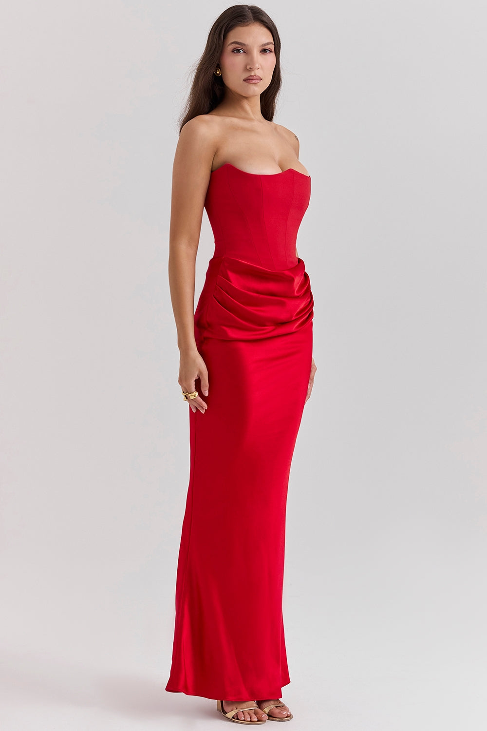 Camille | Women's Strapless Satin Maxi Dress Black Ruched