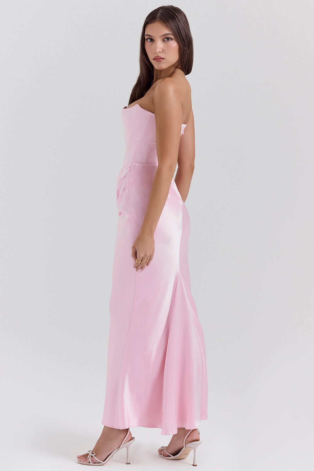 Camille | Women's Strapless Satin Maxi Dress Black Ruched