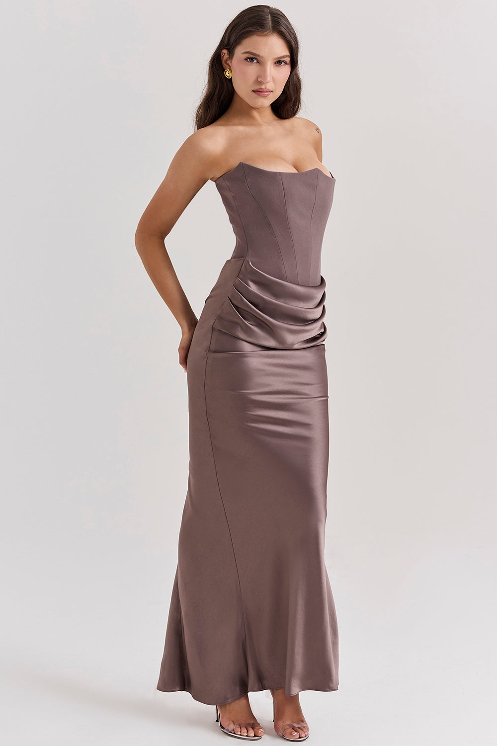 Camille | Women's Strapless Satin Maxi Dress Black Ruched