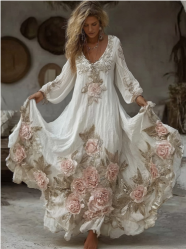 Faye | Women's Floral Maxi Dress Long Sleeve Cream