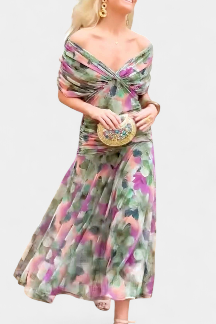 Vera | Women's Off Shoulder Ruched Midi Dress Brown