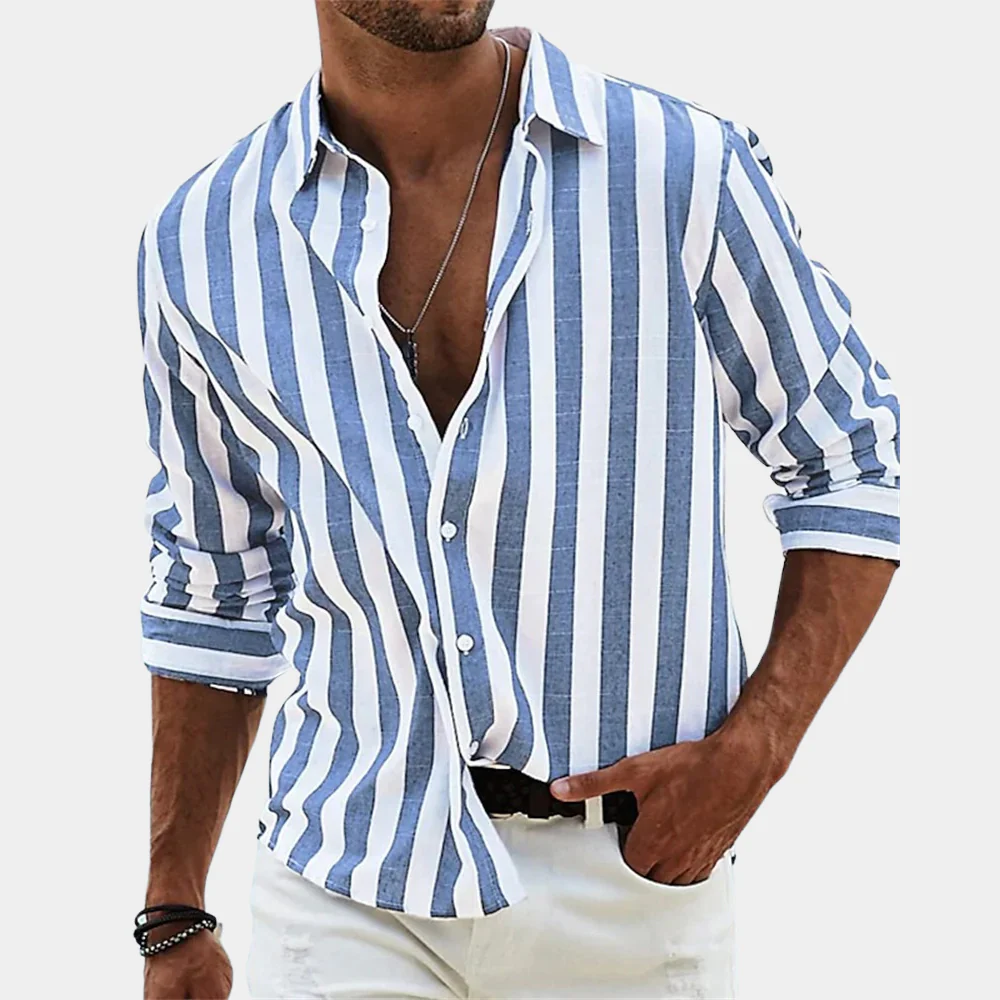 Axel | Men's Linen Striped Button Up Shirt Green White