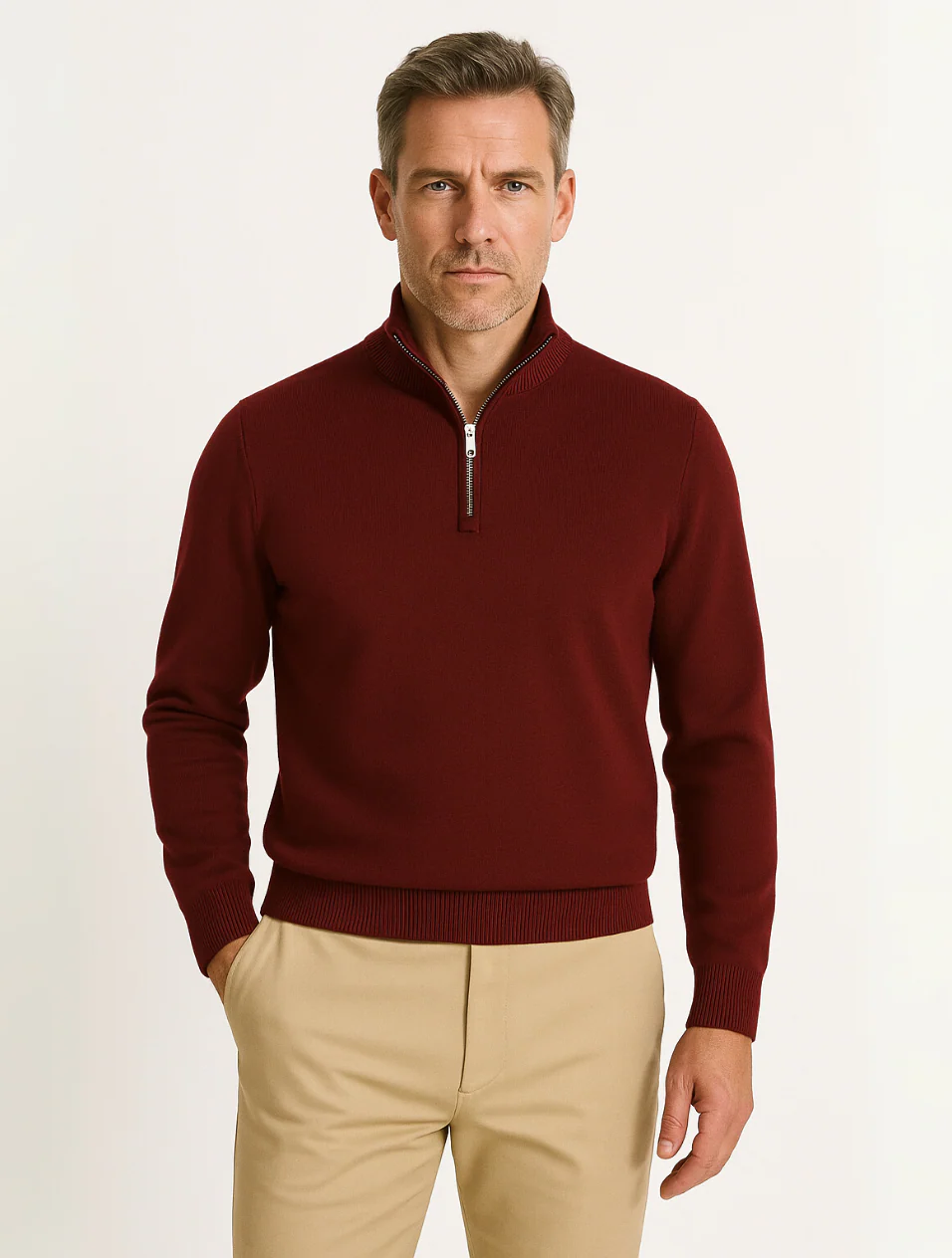 Axel | Men's Quarter Zip Sweater Cream Ribbed Collar