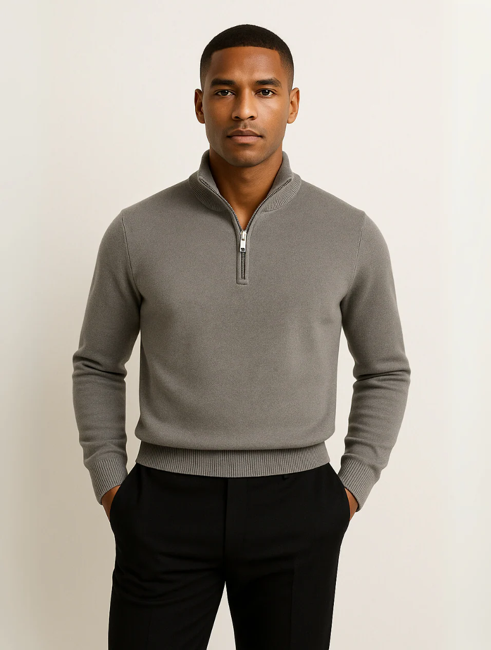 Axel | Men's Quarter Zip Sweater Cream Ribbed Collar