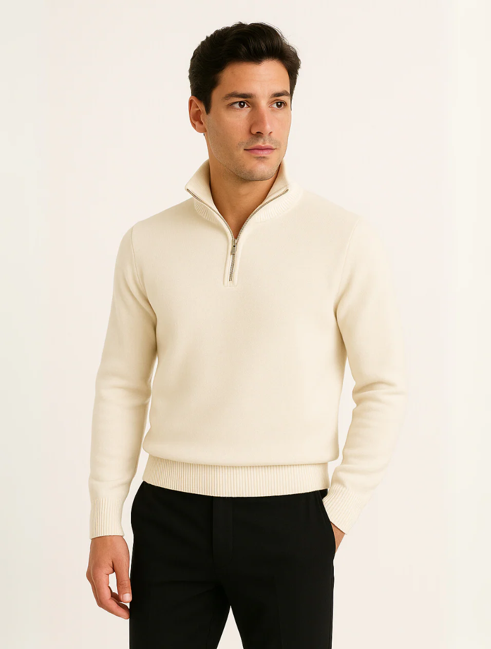 Axel | Men's Quarter Zip Sweater Cream Ribbed Collar