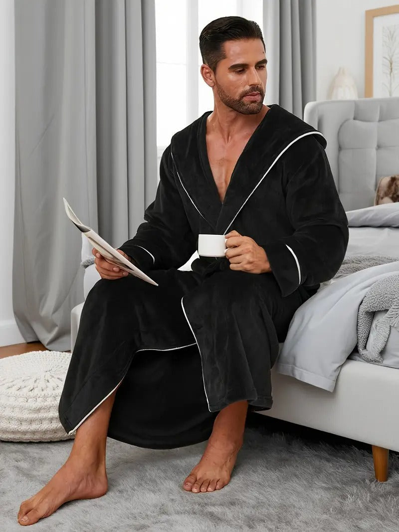Jude | Men's Hooded Fleece Robe Black Long Bathrobe