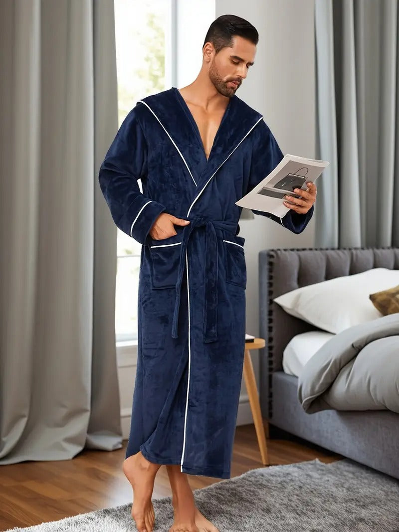 Jude | Men's Hooded Fleece Robe Black Long Bathrobe